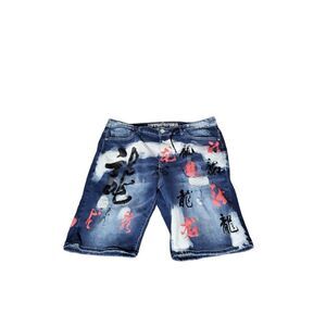 Rutherford Shorts Men Sz 36 Blue Denim‎ Engineered Slim Fit Streetwear Graffiti